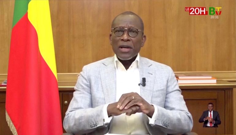 Benin President Patrice Talon addresses the nation on state broadcaster after coup attempt, in Cotonou, Benin, December 7, 2025. Benin TV/Reuters TV via REUTERS THIS IMAGE HAS BEEN SUPPLIED BY A THIRD PARTY. MANDATORY CREDIT. BENIN OUT. NO COMMERCIAL OR EDITORIAL SALES IN BENIN.