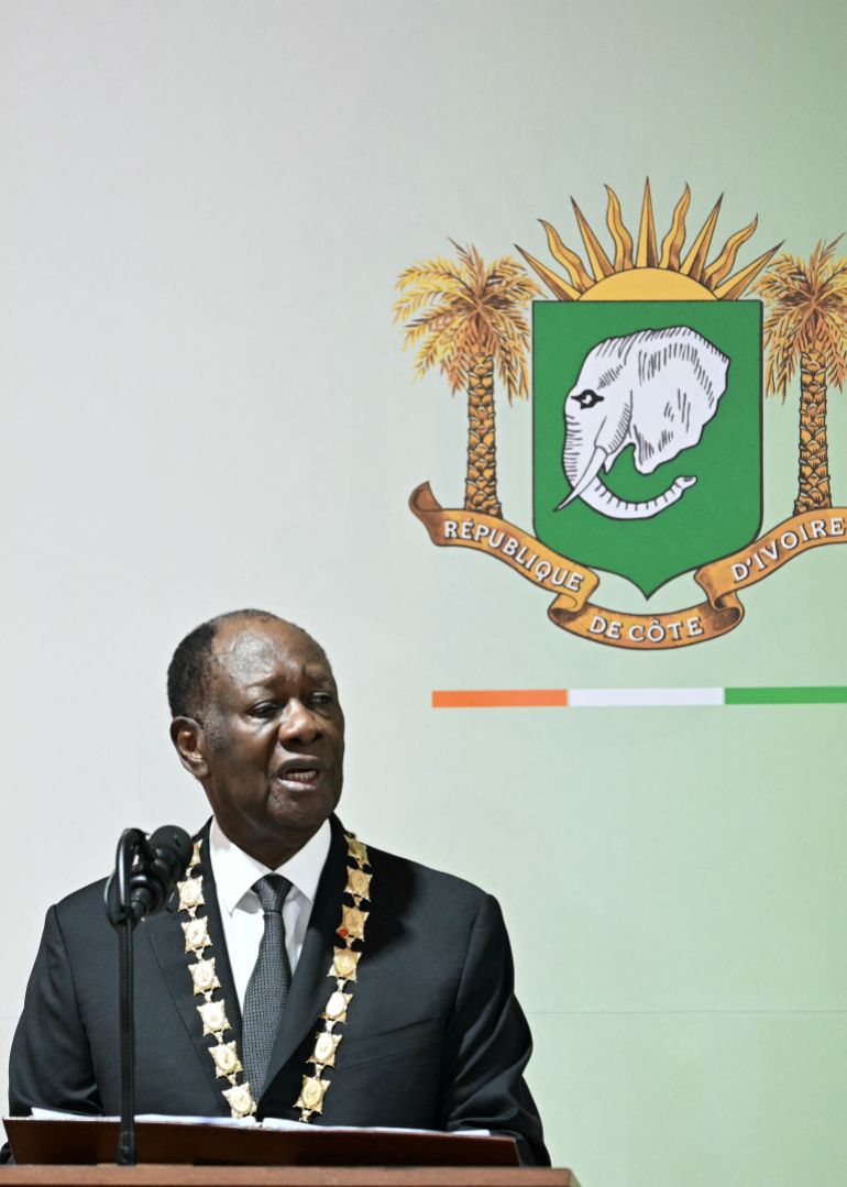reuters_6936f3d4-1765209044 Ivory Coast President Alassane Ouattara speaks after being sworn in at the Presidential Palace in Abidjan on December 8, 2025. SIA KAMBOU/Pool via REUTERS