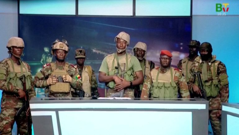 FILE PHOTO: A group of soldiers gives a statement on Benin's national television, claiming to have seized power, following reports of a coup attempt underway against the government of Benin's President Patrice Talon, in Cotonou, Benin, in this screengrab from a handout video obtained by Reuters on December 7, 2025. Benin TV/Handout via REUTERS THIS IMAGE HAS BEEN SUPPLIED BY A THIRD PARTY. MANDATORY CREDIT. BENIN OUT. NO COMMERCIAL OR EDITORIAL SALES IN BENIN./File Photo