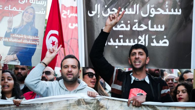 Tunisians take to the streets for a third straight week to protest against President Kais Saied's crackdown on the opposition, critics and NGOs, urging the release of political prisoners, in Tunis, Tunisia, December 6, 2025. REUTERS/Jihed Abidellaoui