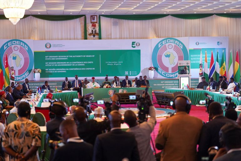 Presidents and representatives address the media and delegates during the opening of the 68th Ordinary Session of the ECOWAS Authority of Heads of State and Government in Abuja, Nigeria, December 14, 2025. REUTERS/Marvellous Durowaiye