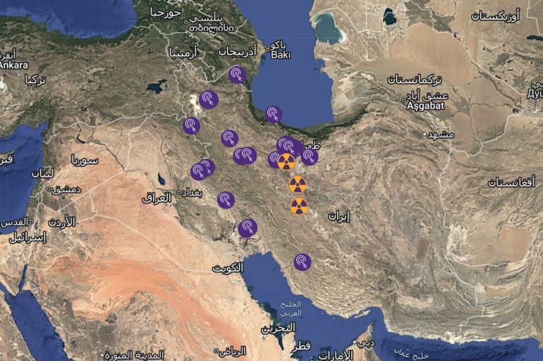 ***داخلية*** (خريطة بمواقع منظومات الدفاع الجوي الإيراني التي تعرضت للاستهداف الإسرائيلي / المصدر: سند