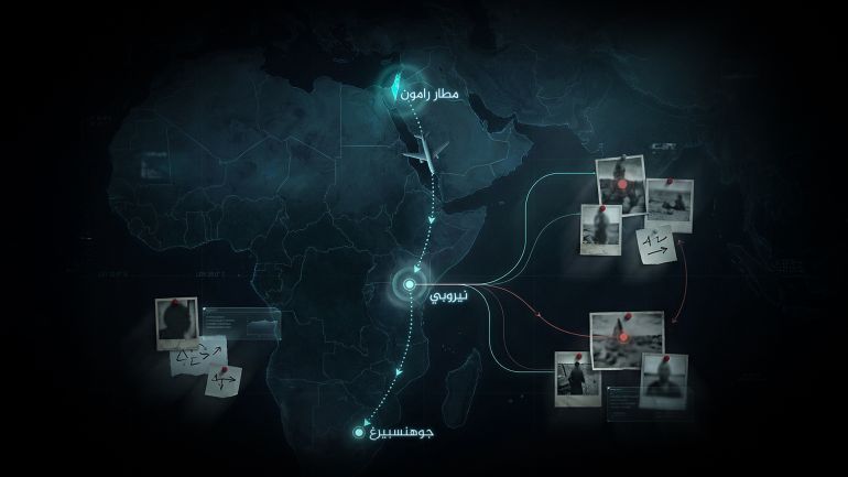 تصميم خاص - إنفوغراف يعده الزملاء في الوسائط يوضح بالأسهم عملية انتقال الطائرة التي أقلت المهاجرين الفلسطينيين من مطار رامون إلى جوهانسبورغ عبر نيروبي