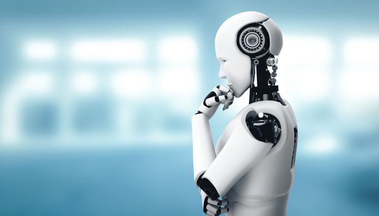 shutterstoc0289-1761471124 MLB 3d illustration Thinking AI humanoid robot analyzing information data in concept of artificial intelligence by machine learning process for 4th fourth industrial revolution. 3D illustration.