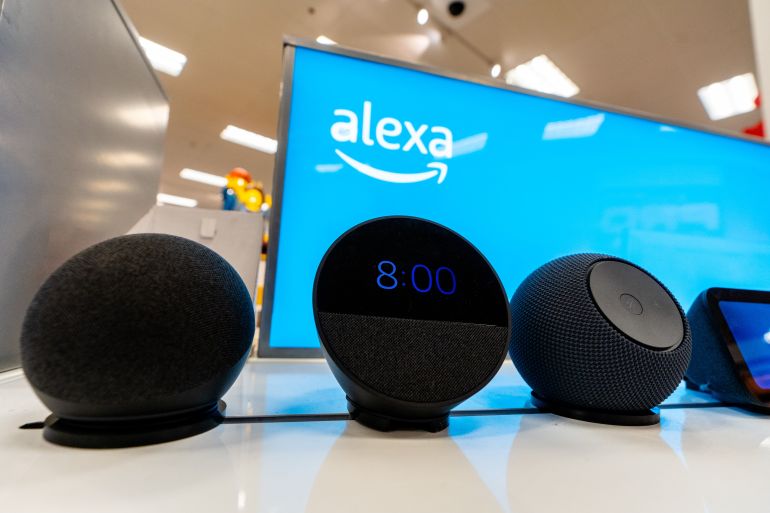 Holly Springs, North Carolina - November 29 2025: Amazon Alexa Clocks Sleakers Devices on Display at Target Electronics Department