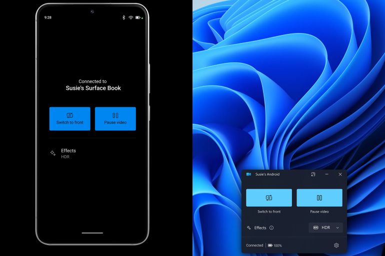 sw2-1765800981 A phone and a PC window showing connected camera controls that are available when you connect your phone with your PC. المصدر: مايكروسوفت