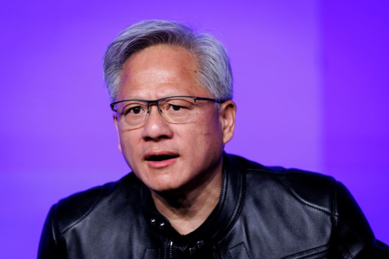 epa12166011 Jensen Huang, CEO of US technology company Nvidia, speaks during London Tech Week's opening keynote event in London, Britain, 09 June 2025. London Tech Week runs from 09 to 11 June 2025 and aims to bring start-ups, policymakers, investors and business leaders together to engage in discussions on technologies and AI. EPA/TOLGA AKMEN