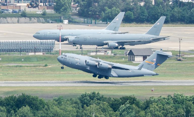 13143433-1768233265 epa12192412 A Boeing C-17 Globemaster III transport aircraft of the US Air Force takes off from Ramstein Air Base in Landstuhl, Germany, 23 June 2025. Ramstein Air Base is a military airfield of the United States Air Force and serves as its European headquarters. EPA/RONALD WITTEK