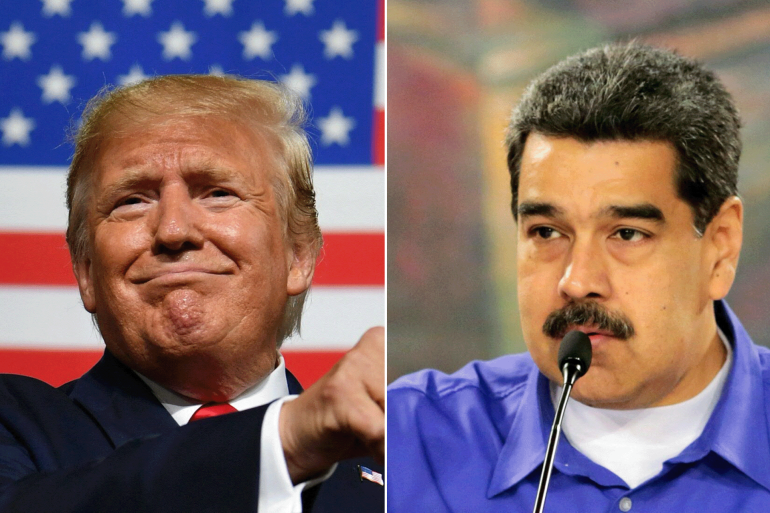 2-compo-1766425205 كومبو ترامب ونيكولاس مادورو (COMBO) This combination of pictures created on August 21, 2019 shows US President Donald Trump (L) speaking during a "Keep America Great" campaign rally at the SNHU Arena in Manchester, New Hampshire, on August 15, 2019, and a handout photo released by the Venezuelan Presidency showing Venezuela's President Nicolas Maduro (R) speaking during a meeting with members of his cabinet at the Miraflores Palace in Caracas, on August 14, 2019. Venezuela's opposition leader Juan Guaido said Wednesday his rival Nicolas Maduro had been made to look ridiculous by insisting he had authorized back channel talks with Washington, only for a top US official to reveal it was Caracas who had made the initial approach behind the president's back. (Photo by Nicholas Kamm and HO / various sources / AFP) / RESTRICTED TO EDITORIAL USE - MANDATORY CREDIT "AFP PHOTO / VENEZUELAN PRESIDENCY" - NO MARKETING NO ADVERTISING CAMPAIGNS - DISTRIBUTED AS A SERVICE TO CLIENTS