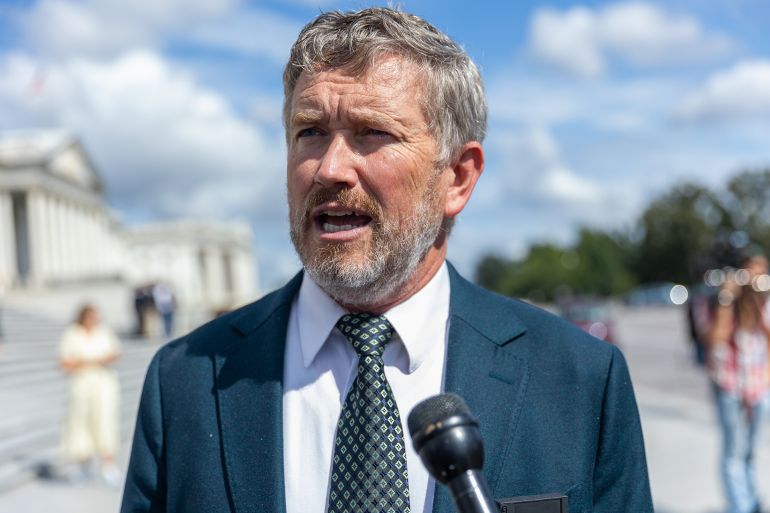 567yrt-1762839963 WASHINGTON, DC - SEPTEMBER 11: Congressman Thomas Massie (R-KY) speaks to reporters following votes on Capitol Hill in Washington, DC on September 11, 2025. (Photo by Nathan Posner/Anadolu via Getty Images)