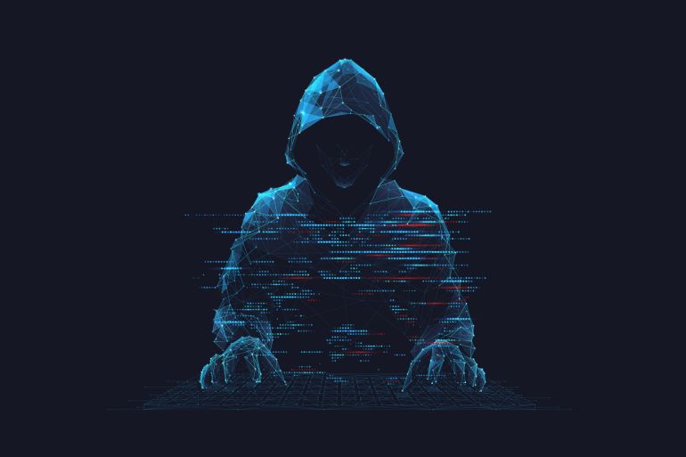 56d8bad981-1738920772 Abstract digital hacker. Cyber security concept. A man wearing a hoodie with a hidden face in front of a computer. Cyber attack and data hack. Fraud man. 3D Vector polygonal wireframe illustration.