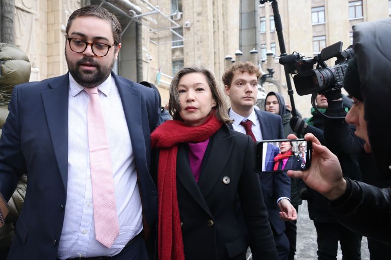 U.K. Charge d'Affairs to Russia, Danae Dholakia, center, arrives at the Russia's Foreign Ministry after she was summoned to receive a notice, in Moscow, Russia, Thursday, Jan. 15, 2026. (AP Photo)