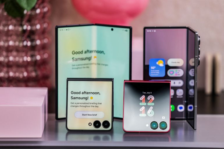 A Samsung Galaxy Z Flip 7 phone are displayed during an event in New York, U.S., July 8, 2025. REUTERS/Jeenah Moon