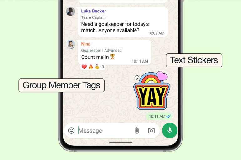 **داخلية** ضمن التحديث الجديد من واتساب، أصبح يمكن تحويل الكلمات أو العبارات المكتوبة مباشرة إلى ملصقات موقع ميتا - about.fb.com