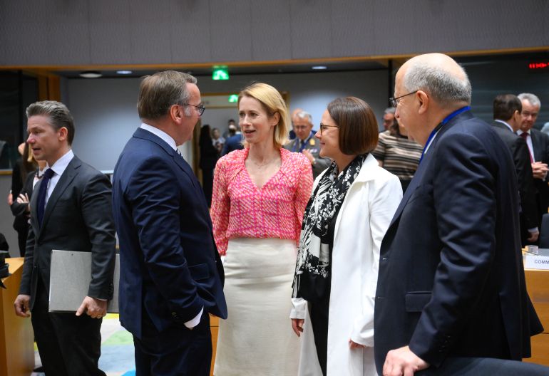 afp_682c90198da4-1747750937 (LtoR) Swedish Defense Minister Pal Jonson, German Defence Minister Boris Pistorius, European Union for Foreign Affairs and Security Policy Kaja Kallas, Luxembourg Defence minister Yuriko Backes and EU Commissioner for Defence and Space Andrius Kubilius speak together ahead of a Defence Council meeting at the EU headquarters in Brussels on May 20, 2024. (Photo by JOHN THYS / AFP)