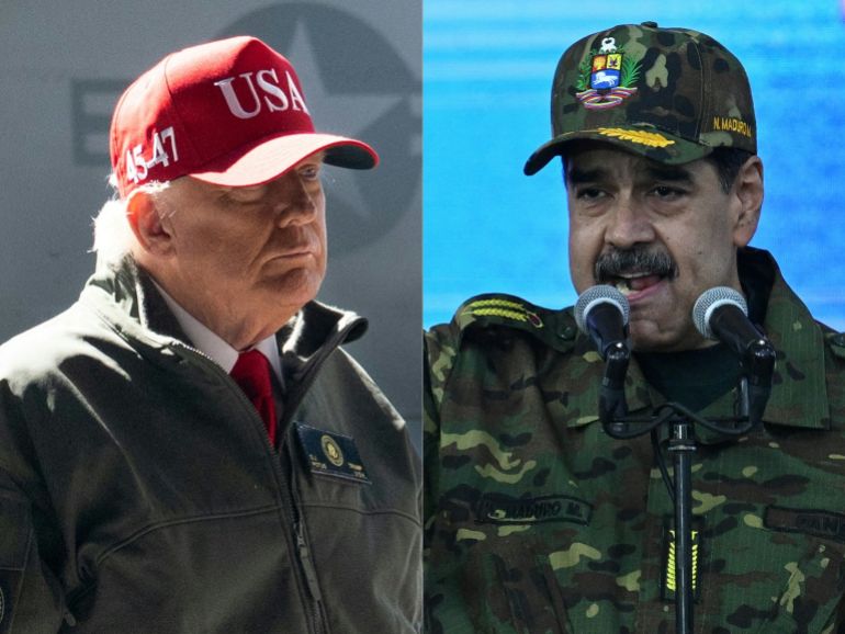afp_69590463e846-1767441507 (COMBO) This combination of file pictures created on January 3, 2026 shows (L) US President Donald Trump as he arrive for a visit to the USS George H.W. Bush aircraft carrier which is out at sea near Norfolk, Virginia, October 5, 2025, as he travels to see a Naval demonstration as part of the US Navy's 250th anniversary celebration, "America's Navy 250: Titans of the Sea - A Salute to the Fleet". and (R) Venezuela’s President Nicolás Maduro delivering a speech while holding Venezuelan independence hero Simón Bolívar’s “Sword of Peru” during a military ceremony at Fuerte Tiuna in Caracas, on November 25, 2025.