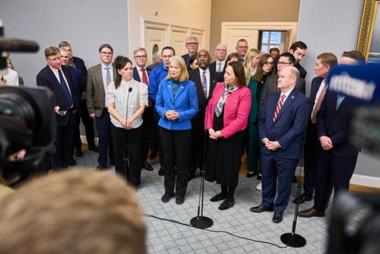 (L-R, first row) Member of the Greenlandic parliament for the IA Party Pipaluk Lynge, US Republican Senator Lisa Murkowski, US Democratic Representative Gregory Meeks, Aaja Chemnitz Larsen of Greenlandic democratic socialist party Inuit Ataqatigiit (IA) and US Democratic Senator Chris Coons are seen at a press conference after a meeting with members of the Danish Parliament, a Greenlandic committee and US Congress members in Copenhagen, Denmark, during a visit on January 16, 2026.