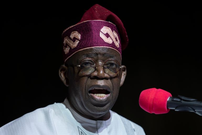 ap23060592098913 President-Elect Bola Tinubu addresses gathered supporters and the country after receiving his certificate at a ceremony in Abuja, Nigeria Wednesday, March 1, 2023. Election officials declared Tinubu the winner of Nigeria's presidential election Wednesday, keeping the ruling party in power in Africa's most populous nation. (AP Photo/Ben Curtis)