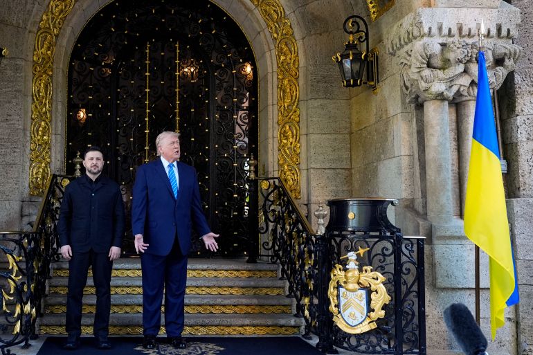 ap25362692560527-1766959854 President Donald Trump greets Ukraine's President Volodymyr Zelenskyy at his Mar-a-Lago club, Sunday, Dec. 28, 2025, in Palm Beach, Fla. (AP Photo/Alex Brandon)