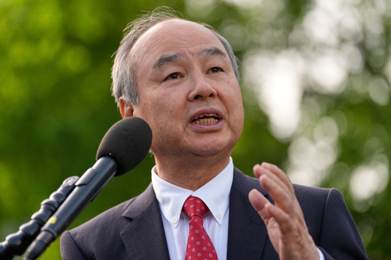Softbank CEO Masayoshi Son speaks outside the West Wing of the White House after President Donald Trump spoke about investing in America in the Cross Hall of the White House, Wednesday, April 30, 2025, in Washington. (AP Photo/Alex Brandon)