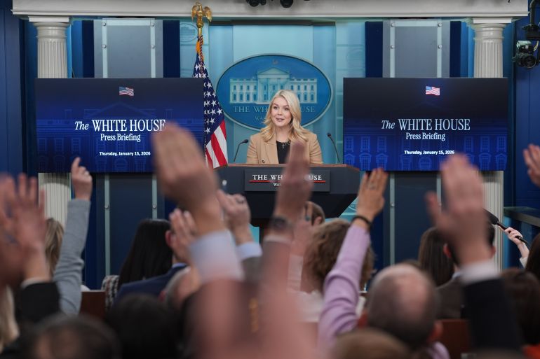 White House press secretary Karoline Leavitt speaks with reporters in the James Brady Press Briefing Room at the White House, Thursday, Jan. 15, 2026, in Washington. (AP Photo/Evan Vucci)
