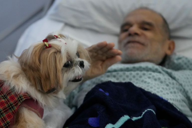 A patient at the Brasilia Day Hospital moves to pet a therapist's dog during a Christmas session in Brazil, Tuesday, Dec. 23, 2025. (AP Photo/Eraldo Peres)