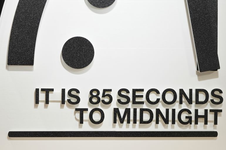 ap_697911acc147b-1769542060 The Doomsday Clock of the Bulletin of the Atomic Scientists, set at 85 seconds to midnight, is displayed during a news conference at the Carnegie Endowment for International Peace, Friday, Jan. 23, 2026, in Washington. (AP Photo/Pablo Martinez Monsivais)