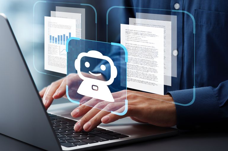 AI agent generating business reports and documents. Generative artificial intelligence analyzing text and making summary. Businessman using laptop computer to give instructions to AI.