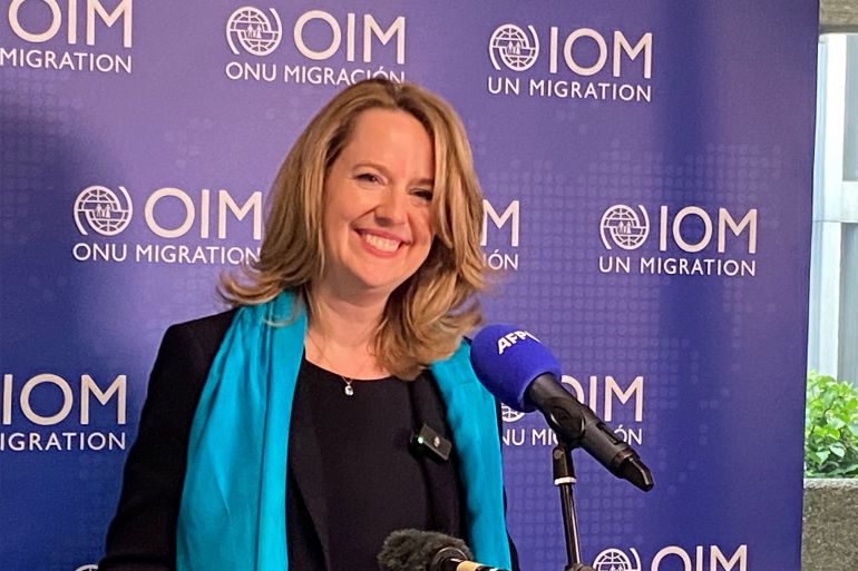e-1706506511 Newly elected Director general of the International Organization for Migration (IOM) Amy Pope attends a news conference after her election at the head of the United Nations migration agency in Geneva, Switzerland, May 15, 2023. REUTERS/Gabrielle Tetrault-Faber