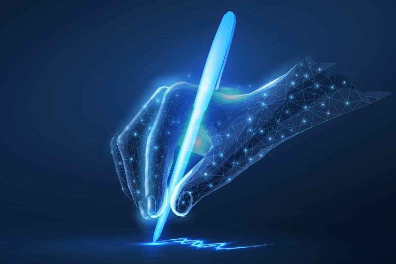 fg6rf-1769076579 Digital hand with pan and signature. Digital signature, E-contract, Sign document, Online approval, Virtual agreement, Report deal, Certificate application, Smart bank, Computer technology concept