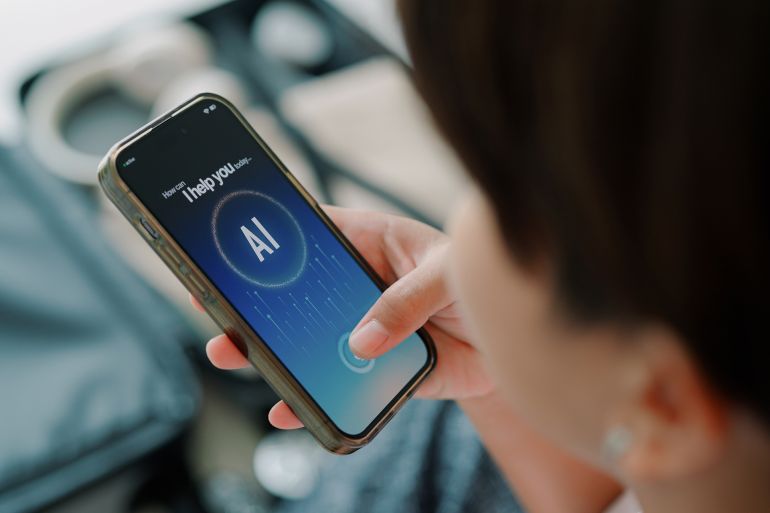 Asian woman using Ai apps at home for planning to travel