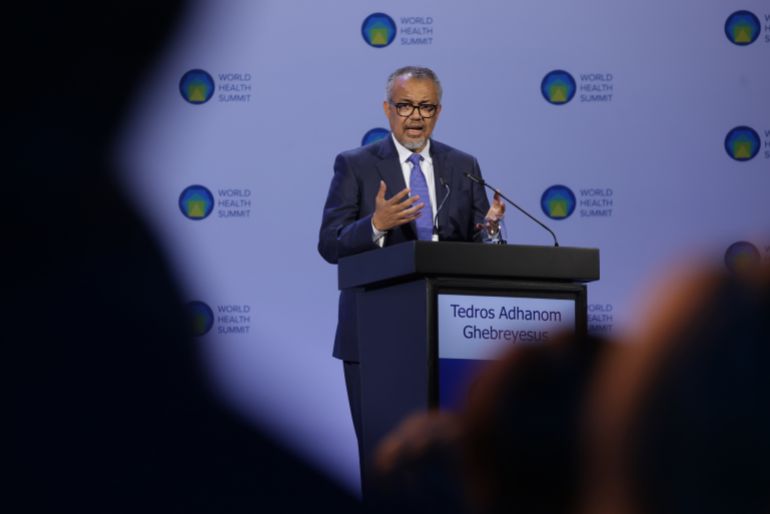 BERLIN, GERMANY - OCTOBER 14: Tedros Adhanom Ghebreyesus, Director-General of the World Health Organization, speaks at the pledge session of the 2024 World Health Summit on October 14, 2024 in Berlin, Germany. The session raised over USD 1 billion for the World Health Organization (WHO) from a variety of international donors. (Photo by Sean Gallup/Getty Images)