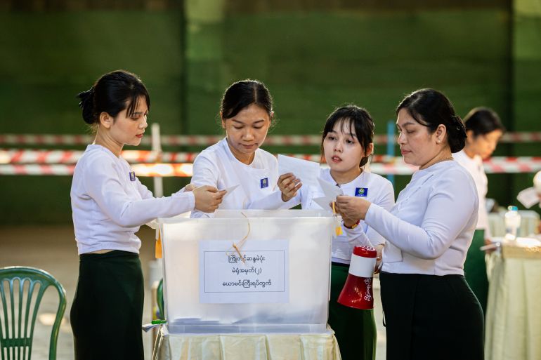 getty_6976fd102c-1769405712 YANGON, BURMA - JANUARY 25: Polling station workers count ballots after the polls close in Dagon Township during the third round of Myanmar’s general election on January 25, 2026 in Yangon, Burma. Today marks the final day of Myanmar’s three phase general election, which began on December 28, 2025 and continued into January 2026 under the military administration. The authorities have presented the vote as a step toward restoring civilian rule following the 2021 military coup and the conflict that followed. (Photo by Lauren DeCicca/Getty Images)
