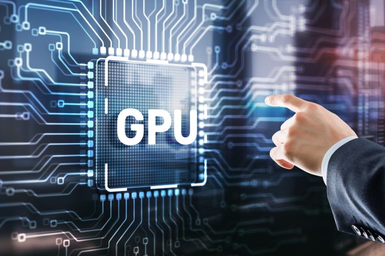 Tapping on the inscription GPU Graphic Processor Hardware Tech; Shutterstock ID 2292683493; purchase_order: ي; job: ; client: ; other: