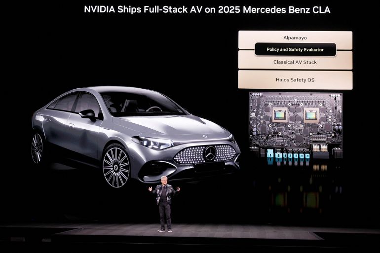 Nvidia CEO Jensen Huang speaks about autonomous-driving vehicles during a Nvidia keynote address at CES 2026, an annual consumer electronics trade show, in Las Vegas, Nevada, U.S. January 5, 2026. REUTERS/Steve Marcus