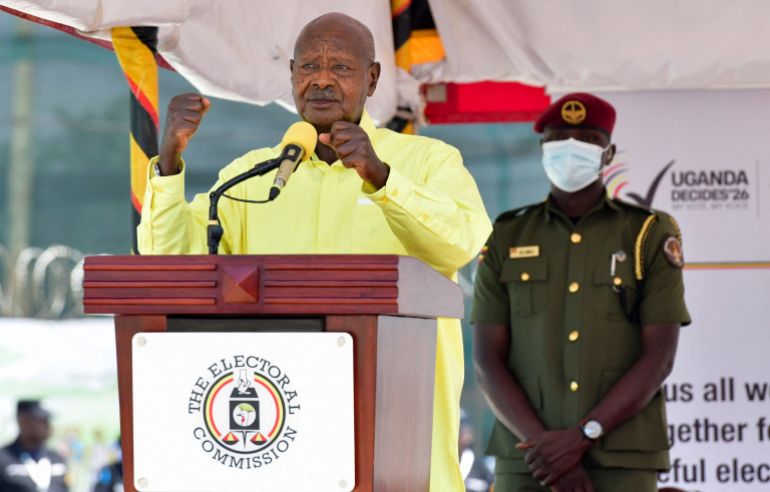 reuters_68f0d588-1760613768 Uganda's President and the leader of ruling National Resistance Movement (NRM) party, Yoweri Museveni, addresses delegates at a ceremony for his nomination as presidential candidate at the Electoral Commission offices, in Kampala, Uganda September 23, 2025. REUTERS/Abubaker Lubowa