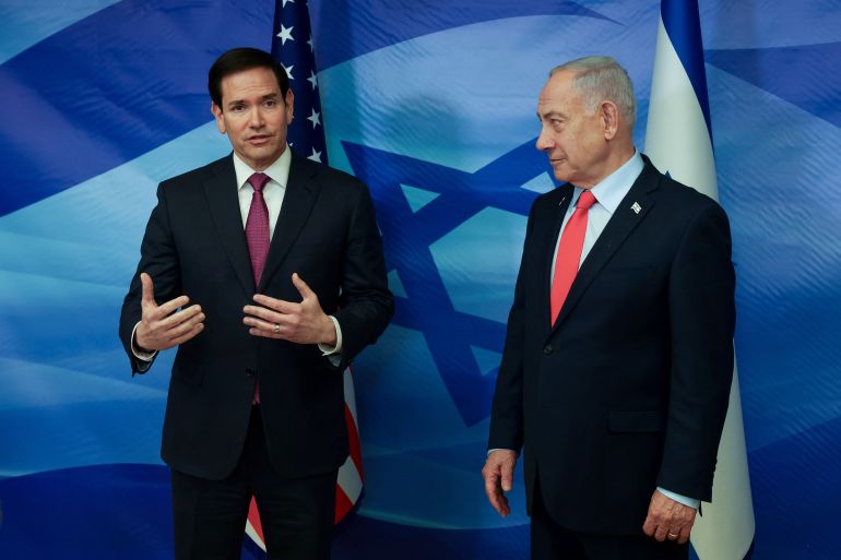 U.S. Secretary of State Marco Rubio speaks next to Israeli Prime Minister Benjamin Netanyahu at the Prime Minister's Office in Jerusalem, October 23, 2025. REUTERS/Ronen Zvulun/Pool
