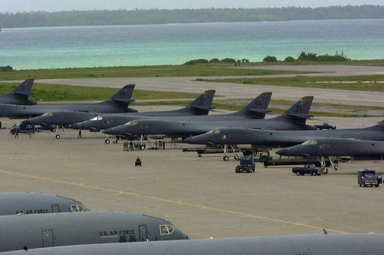An Air Force B-52 bomber from the 28th Air Expeditionary Wing takes off from Diego Garcia for a combat mission October 22, 2001, in support of Operation Enduring Freedom. Air Force B-2, B-1 and B-52 bombers have expended more than 80 percent of the tonnage dropped on combat missions over Afghanistan. U.S. planes carpet-bombed Taliban front lines north of Kabul on October 31, 2001. In the north, a B-52 bomber sent up a wall of orange flame and clouds of dust along Taliban positions overlooking opposition-held Bagram airbase north of the capital Kabul. A row of B-1 bombers are seen lined up on the tarmac. REUTERS/U.S. Air Force-Shane Cuomo REUTERS HB/