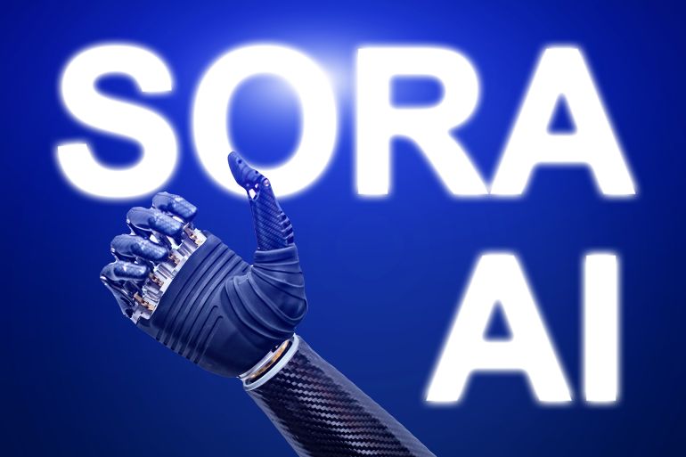 A hand with a thumbs up sign is on a blue background with the word Sora writte; Shutterstock ID 2502872855; purchase_order: aj; job: ; client: ; other: