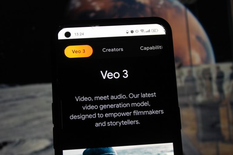 Veo 3 on a smartphone screen with Gemini website page showing VEO 3 introduction in the background. Indonesia - May 27, 2025; Shutterstock ID 2635328431; purchase_order: aj; job: ; client: ; other: