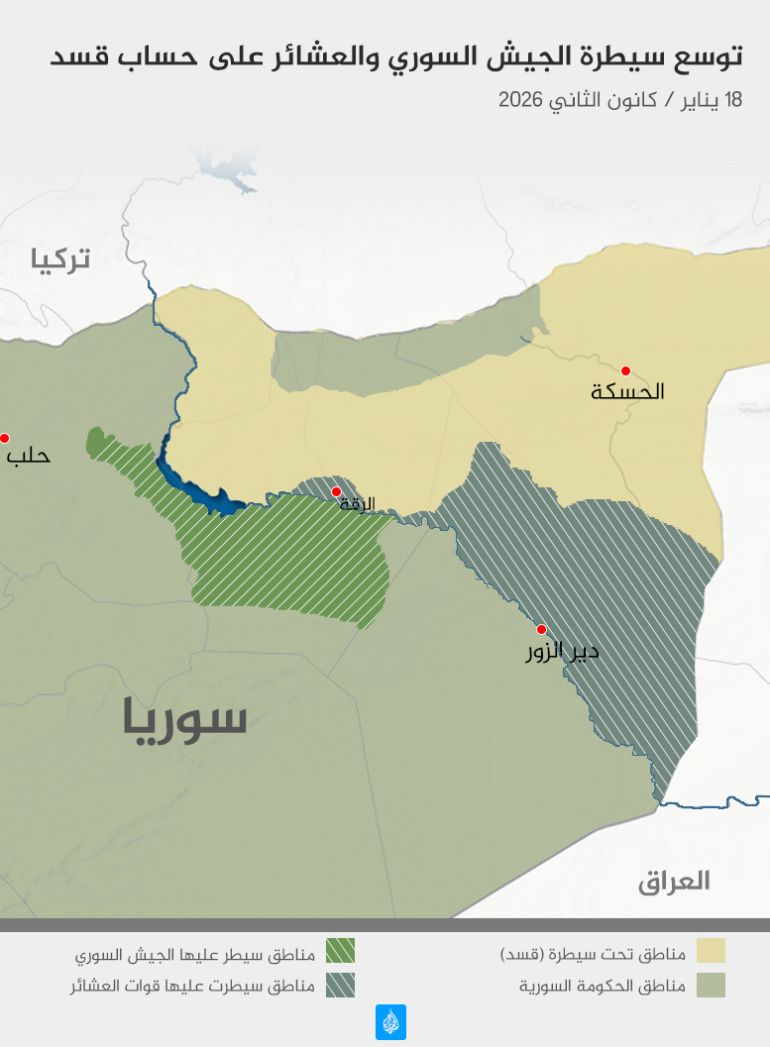 خريطة توضح توسع سيطرة الجيش السوري والعشائر على حساب قسد