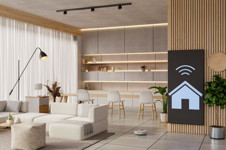 Minimalist interior design combined with smart home technology- 3D rendering