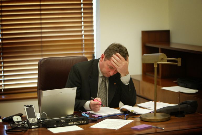 (AUSTRALIA OUT) Queensland Senator Barnaby Joyce reading over the Telstra Sale legislation in his office in Parliament House, Canberra, 12 September 2005. SMH NEWS Picture by PENNY BRADFIELD (Photo by Fairfax Media via Getty Images/Fairfax Media via Getty Images via Getty Images)