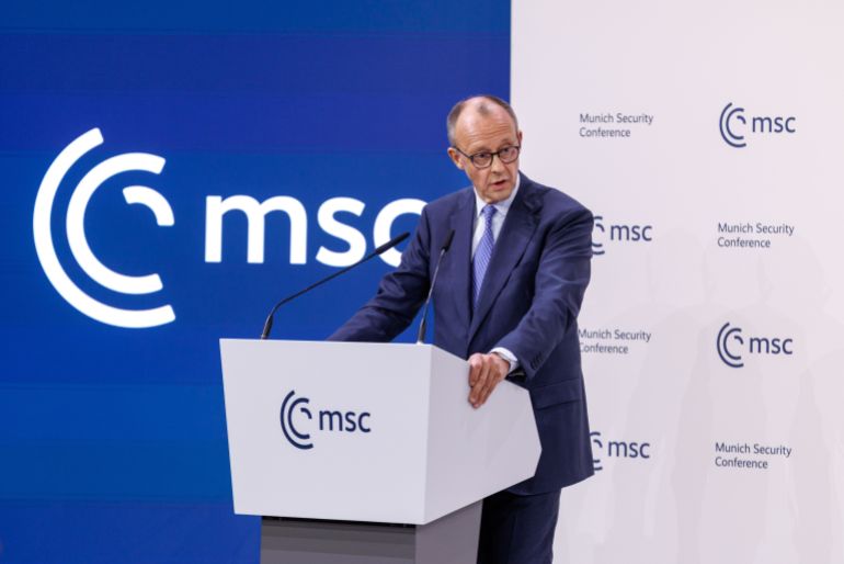 48651-1771068783 13 February 2026, Bavaria, Munich: Friedrich Merz (CDU), Federal Chancellor, speaks at the opening of the Munich Security Conference at the Bayerischer Hof conference hotel in Munich (Bavaria) on February 13, 2026. The 62nd Munich Security Conference (MSC) will take place from February 13 to 15, 2026 at the Hotel Bayerischer Hof in Munich. The MSC is the world's leading forum for debates on international security policy. Photo: Matthias Balk/dpa (Photo by Matthias Balk/picture alliance via Getty Images)