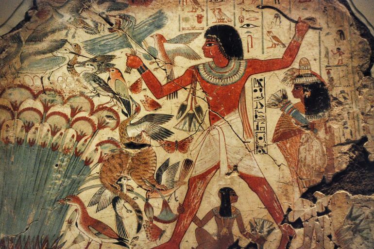 These paintings from the tomb of Nebamun (c. 1350 BCE) show the New Kingdom period accountant Nebamun hunting birds in the marshes of Egypt. @Metropolitan Museum of Art, New York.