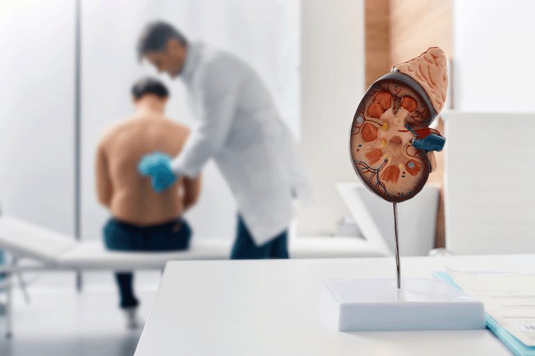 Urology and treatment of kidney disease. Doctor doing kidney exam for male patient with kidney disease, soft focus