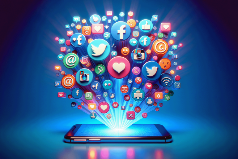 وسائل التواصل الاجتماعي Neon 3D image of 3D image of social media icons floating around mobile phone, facebook, instagram, twitter, like and share, on blue gradient background