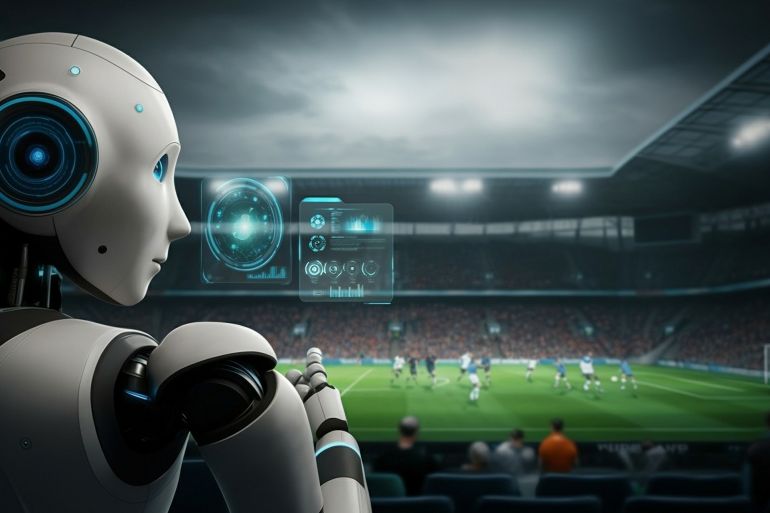 A highly advanced human like humanoid robot with a soft, human-like appearance sits in football stadium. The robot’s expressive, thoughtful eyes focus intently on the live match unfolding on the field. Subtle holographic displays hover near its vision,