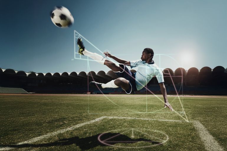 Jumping man, soccer and graph on sports field with glowing, hologram and ai generated effect for kicking action. African athlete, kick and football player with ball, chart and graphic analysis