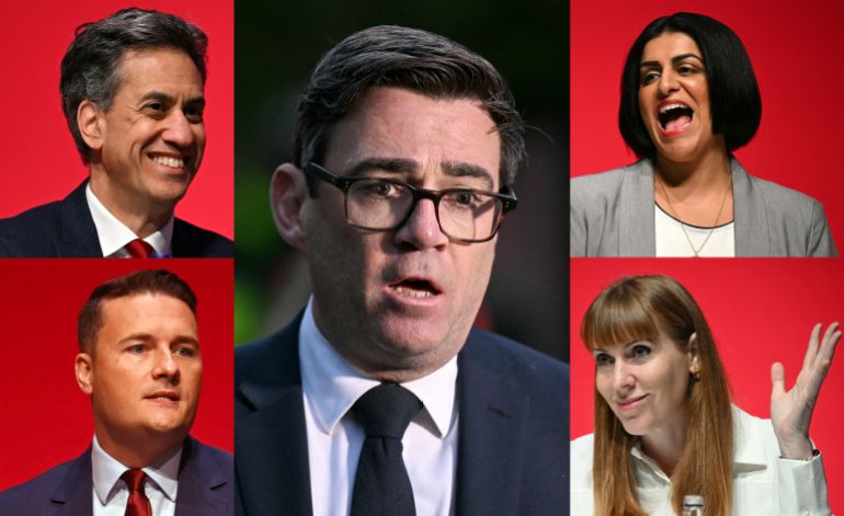 afp_698997dddf17-1770624989 A combination of file pictures created in London on February 6, 2026 shows potential Labour leadership challengers, Britain's Climate Change and Net Zero Secretary Ed Miliband (top left) reacting on the final day of the annual Labour Party conference in Liverpool, north-west England, on October 1, 2025, Britain's Home Secretary Shabana Mahmood (top right) singing Jerusalem on the final day of the annual Labour Party conference in Liverpool, north-west England, on October 1, 2025, Angela Rayner (lower right) reacting at the end of the final speeches on the fourth day of the annual Labour Party conference in Liverpool, north-west England, on September 25, 2024, Britain's Health Secretary Wes Streeting (lower left) delivering a speech on the third day of the annual Labour Party conference in Liverpool, north-west England, on September 30, 2025 and Mayor of Greater Manchester, Andy Burnham (centre) speaking to members of the media near to Heaton Park Hebrew Congregation synagogue in Crumpsall, north Manchester, on October 2, 2025.
